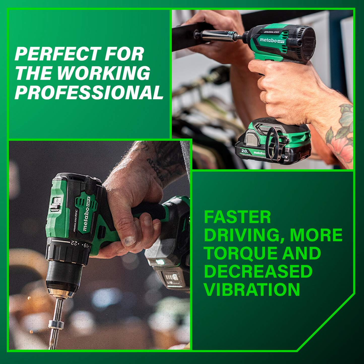 Three images show a person using the Go Build Metabo HPT KC18DEXQB 18V MultiVolt™ Cordless Brushless Driver Drill & Impact Driver Combo Kit, highlighting faster driving, more torque, and less vibration—ideal for professionals.