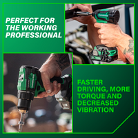 Three images show a person using the Go Build Metabo HPT KC18DEXQB 18V MultiVolt™ Cordless Brushless Driver Drill & Impact Driver Combo Kit, highlighting faster driving, more torque, and less vibration—ideal for professionals.