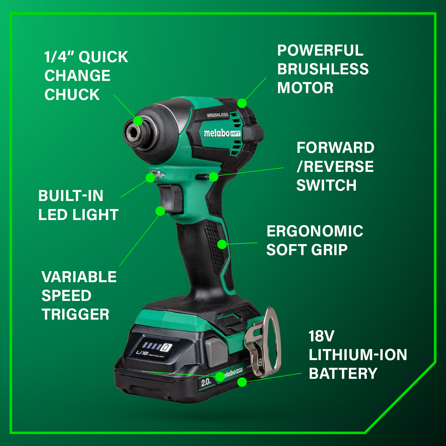 The Metabo HPT KC18DEXQB 18V MultiVolt™ Cordless Brushless Driver Drill & Impact Driver Combo Kit by Go Build, The Fastest Way To Build, features a 1/4" quick change chuck, LED light, variable speed trigger, brushless motor, soft grip & reversible action.