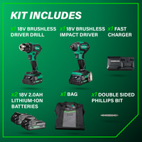 A green graphic titled Kit Includes shows the Metabo HPT KC18DEXQB 18V MultiVolt™ Cordless Brushless Driver Drill & Impact Driver Combo Kit (2.0Ah x2) by Go Build, with drill, impact driver, fast charger, two 2.0Ah batteries, bag, and Phillips bit.