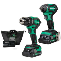 The Go Build Metabo HPT KC18DEXQB 18V MultiVolt™ Combo Kit includes a cordless brushless driver drill, impact driver, two 2.0Ah batteries, charger, and a black carrying bag for easy transport.