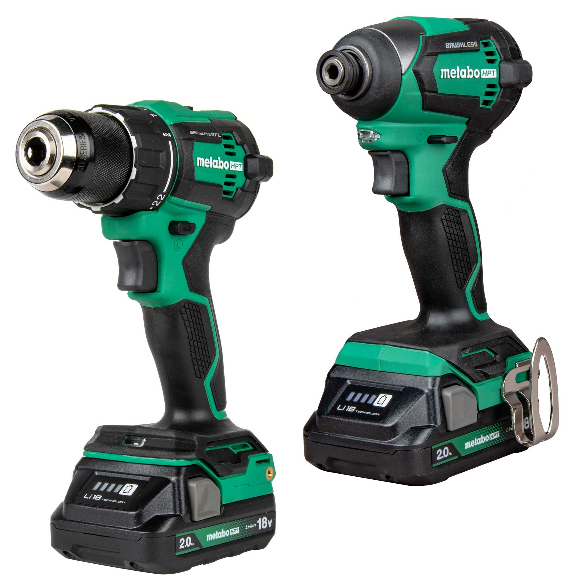 Two green and black Metabo HPT KC18DEXQB tools—a cordless brushless driver drill and an impact driver—stand side by side with 18V battery packs, featured in the Go Build Impact Driver Combo Kit (2.0Ah x 2).