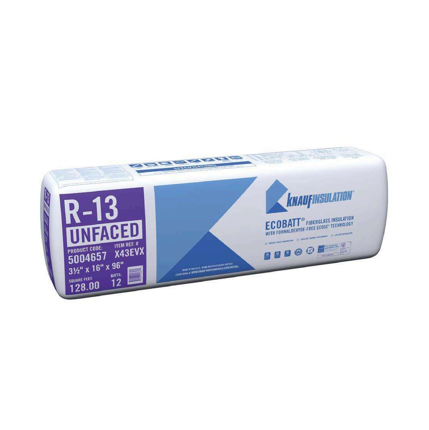 A sealed package of KNAUF R-13 EcoBatt Unfaced Fiberglass Insulation Batt, 3-1/2 in. x 16 in. x 96 in. (128 sq ft), with product branding and specs on white and blue packaging.