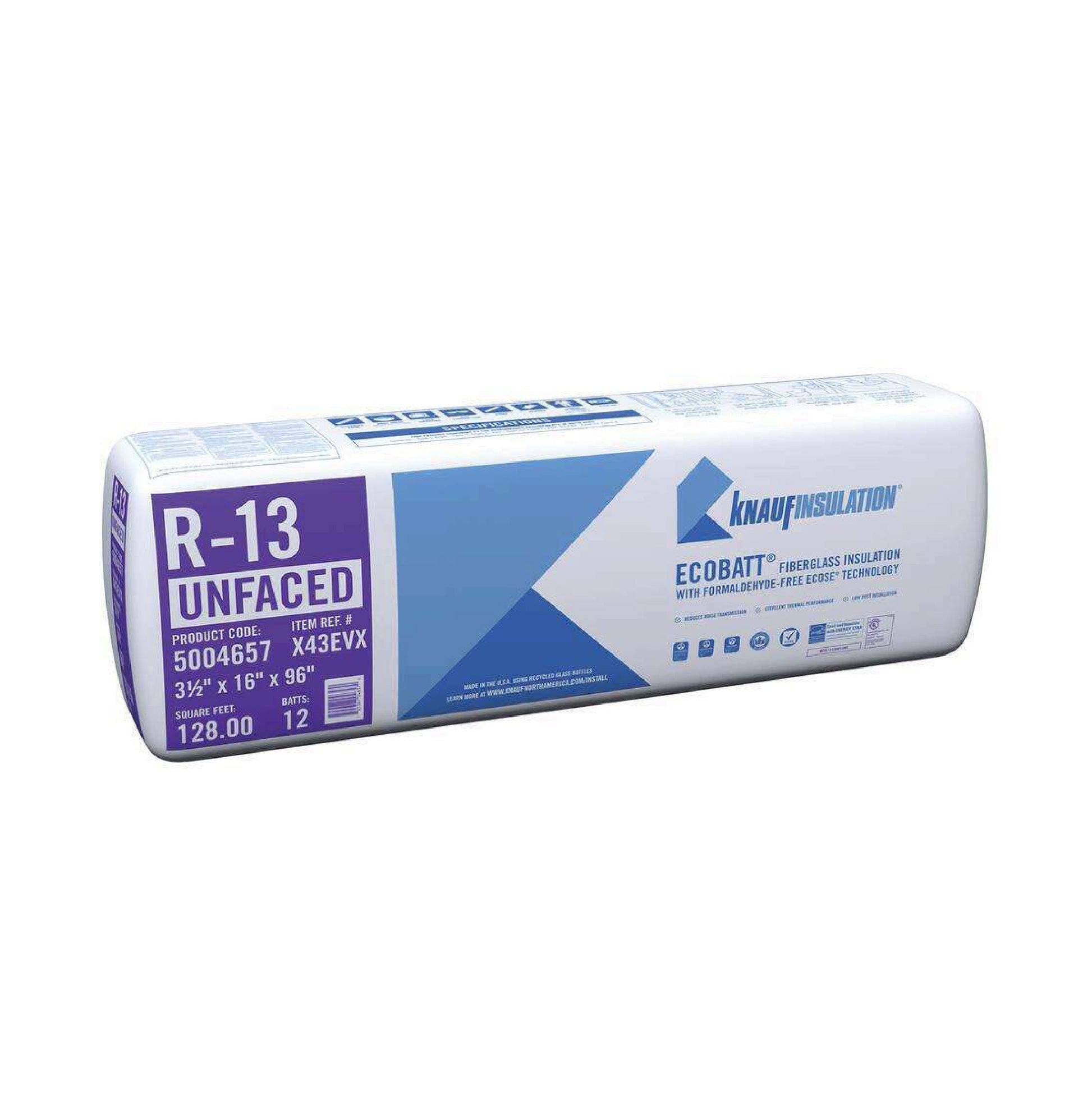 A sealed package of KNAUF R-13 EcoBatt Unfaced Fiberglass Insulation Batt, 3-1/2 in. x 16 in. x 96 in. (128 sq ft), with product branding and specs on white and blue packaging.