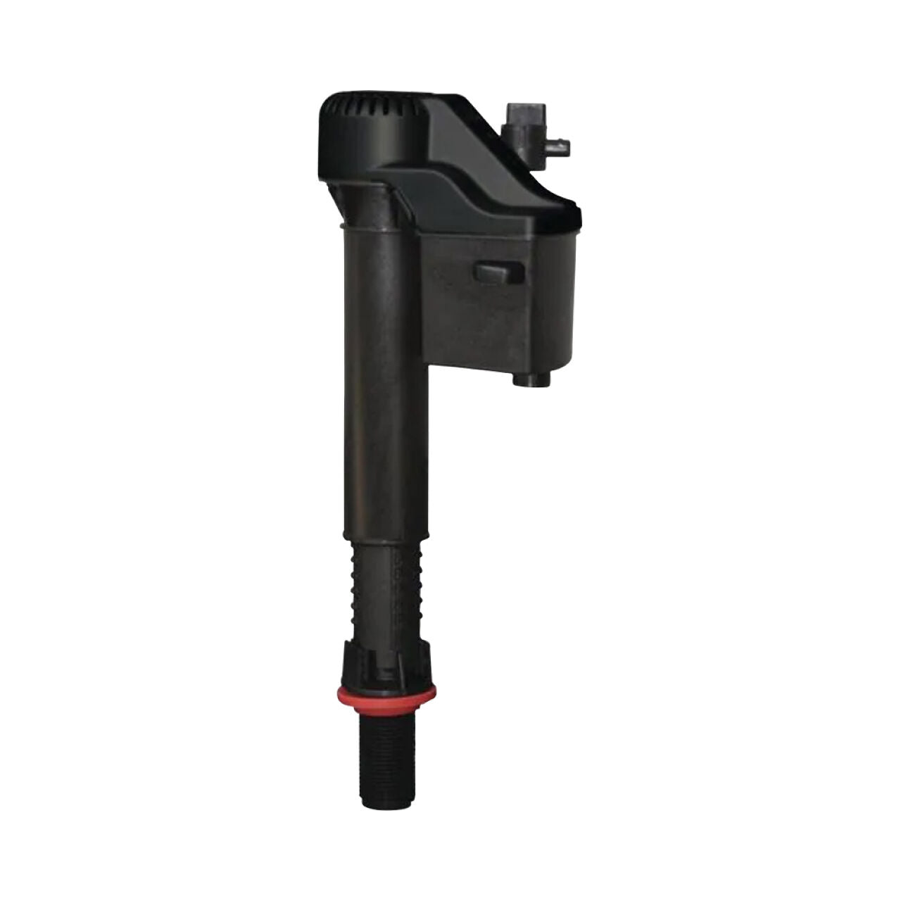 A black automotive ignition coil with a cylindrical body, rubber boot, and rectangular top housing—engineered for durability comparable to Go Build’s 2X Long Life Toilet Fill Valve—shown isolated on a white background.