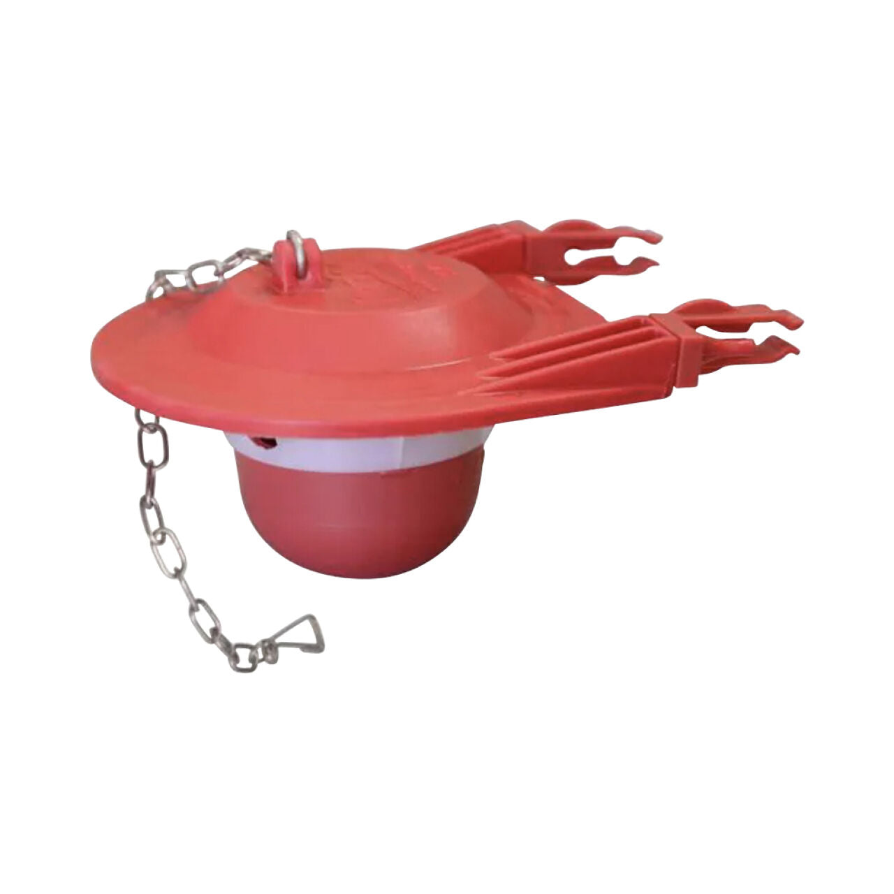 The Go Build 3 in. Premium Universal Toilet Tank Flapper features a round red rubber base, white band, two arms, and metal chain for reliable flushing. Fits most models; ideal for easy toilet tank repairs.
