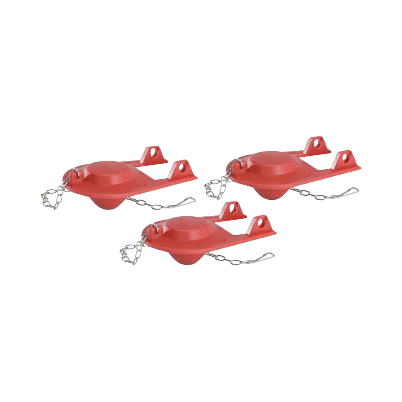 Three Go Build 2 in. Plus Toilet Tank Flappers (3/Pack), each with mounting arms and attached metal chains, are shown side by side on a white background.