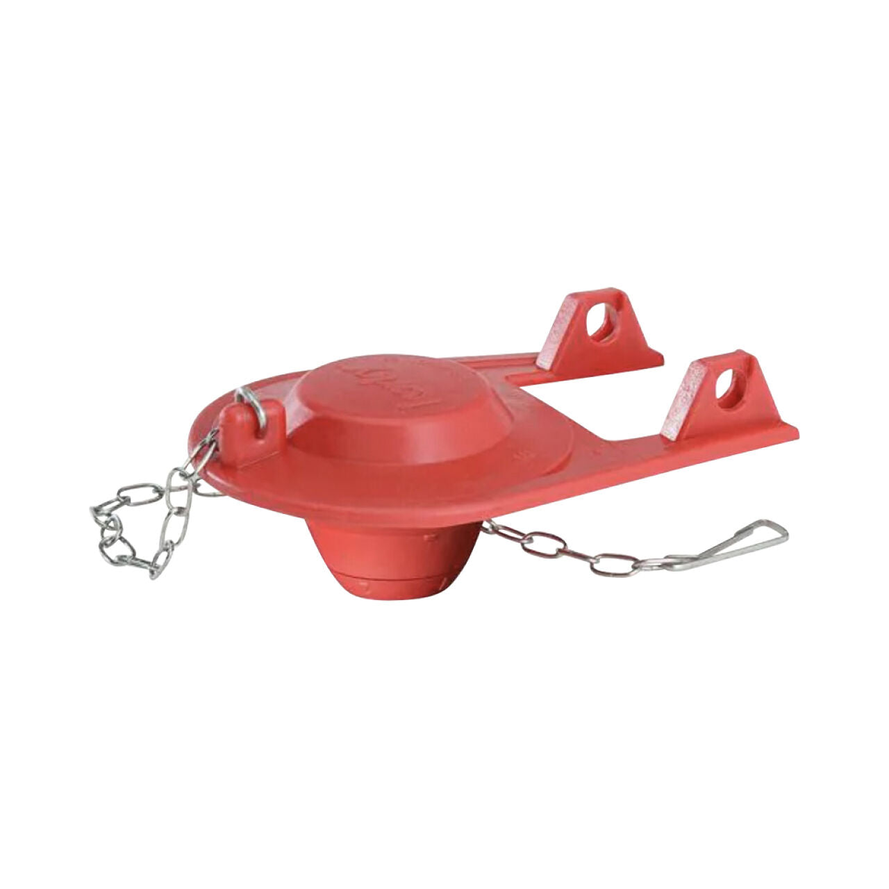 The Go Build 2 in. Ultra Toilet Tank Flapper features a red design with a short metal chain and clip, serving as a universal flapper to control water flow during flushing. Displayed on a white background.
