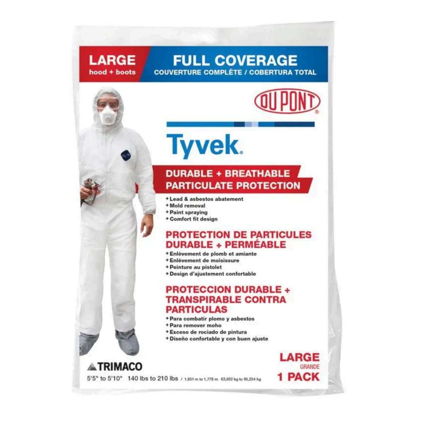 A package of TRIMACO 141222 Tyvek Coveralls With Hood and Boots, L, showing a person fully covered. Highlights include durability, breathability, and hazardous material protection from the trusted TRIMACO brand.