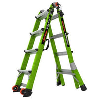 A green LITTLE GIANT 17117 CONQUEST 2.0 articulated extension ladder (7.5-15) with black accents and wheels is set up in an A-frame, featuring metal rungs, stabilizing bars, and a Rapid Lock system for easy adjustments.