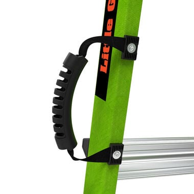 Close-up of a green LITTLE GIANT 17117 CONQUEST 2.0 1A 7.5-15 F/G articulated extension ladder featuring a black ribbed carrying handle secured on the side with two black straps and brackets, plus part of a silver rung.