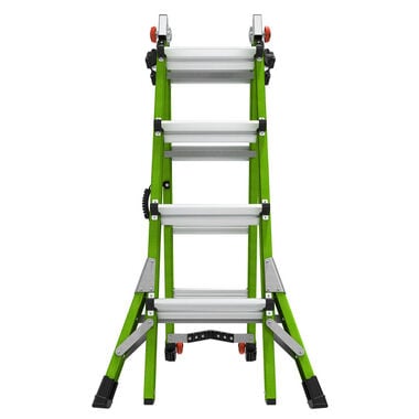 The green and silver LITTLE GIANT 17117 CONQUEST 2.0 1A 7.5-15 articulated extension ladder has wide steps, Rapid Lock adjustable joints, and stabilizing feet, shown upright on a white background.