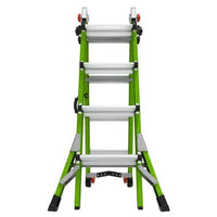The green and silver LITTLE GIANT 17117 CONQUEST 2.0 1A 7.5-15 articulated extension ladder has wide steps, Rapid Lock adjustable joints, and stabilizing feet, shown upright on a white background.
