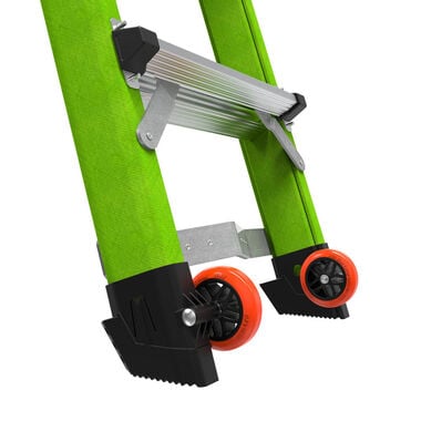 Close-up of the LITTLE GIANT 17117 CONQUEST 2.0 1A fiberglass articulated extension ladder, featuring bright orange wheels and black rubber feet for easy transport, stability, and safe adjustment with Rapid Lock.