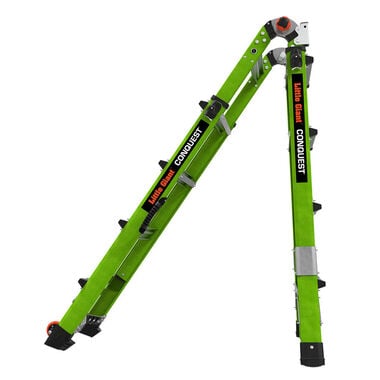 A green LITTLE GIANT 17117 CONQUEST 2.0 1A 7.5-15 F/G articulated extension ladder is shown in an A-frame position, with black steps, orange accents, and the handy Rapid Lock system.