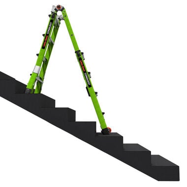 The LITTLE GIANT 17117 CONQUEST 2.0 1A 7.5-15 F/G ARTICULATED EXTENSION LADDER is set on a black staircase with uneven legs, showing its Rapid Lock tech for use on steps or uneven surfaces.