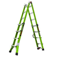 A green LITTLE GIANT 17117 CONQUEST 2.0 articulated extension ladder is open in an A-frame, featuring black and silver steps, stabilizer bars at the base, and top locking hinges with Rapid Lock for adjustable configurations.
