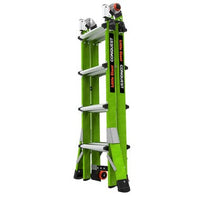 The LITTLE GIANT 17117 CONQUEST 2.0 articulated extension ladder (7.5-15, fiber glass) in green with black and silver accents features Rapid Lock hinges and base wheels for easy transport, shown compact and upright.