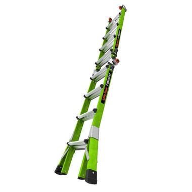 The LITTLE GIANT 17117 CONQUEST 2.0 1A 7.5-15 F/G Articulated Extension Ladder is fully extended and angled upward, featuring black rubber feet, a Rapid Lock mechanism, and multiple locking hinges.