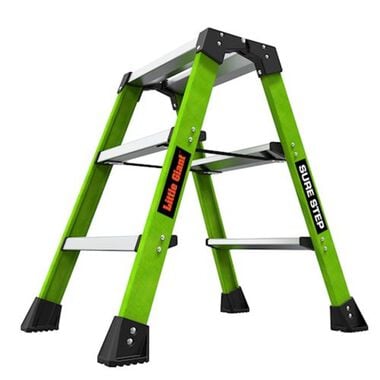 The LITTLE GIANT 11953 Sure Step 1AA is a bright green, double-sided, 3-step fiberglass step stool designed for stability and safety, featuring silver steps, black feet, and labeled "Little Giant" and "Sure Step" on the sides.