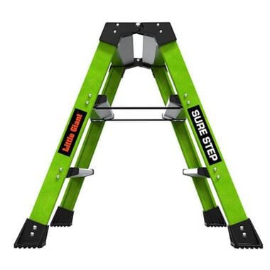 The LITTLE GIANT 11953 Sure Step 1AA is a green, double-sided 3-step fiberglass step stool in an A-frame with wide steps and sturdy feet, featuring LITTLE GIANT and Sure Step labels on the sides.