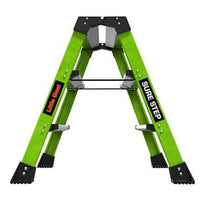 The LITTLE GIANT 11953 Sure Step 1AA is a green, double-sided 3-step fiberglass step stool in an A-frame with wide steps and sturdy feet, featuring LITTLE GIANT and Sure Step labels on the sides.
