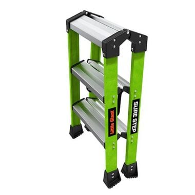 The LITTLE GIANT 11953 Sure Step 1AA is a green, double-sided fiberglass step stool with three silver steps and black non-slip feet, labeled "Sure Step" on one side.