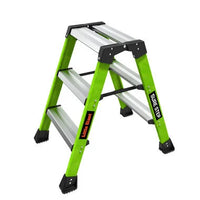 The LITTLE GIANT 11953 Sure Step 1AA is a small, green, double-sided fiberglass step stool with three silver steps per side, black non-slip feet, and LITTLE GIANT and Sure Step labels on the sides.