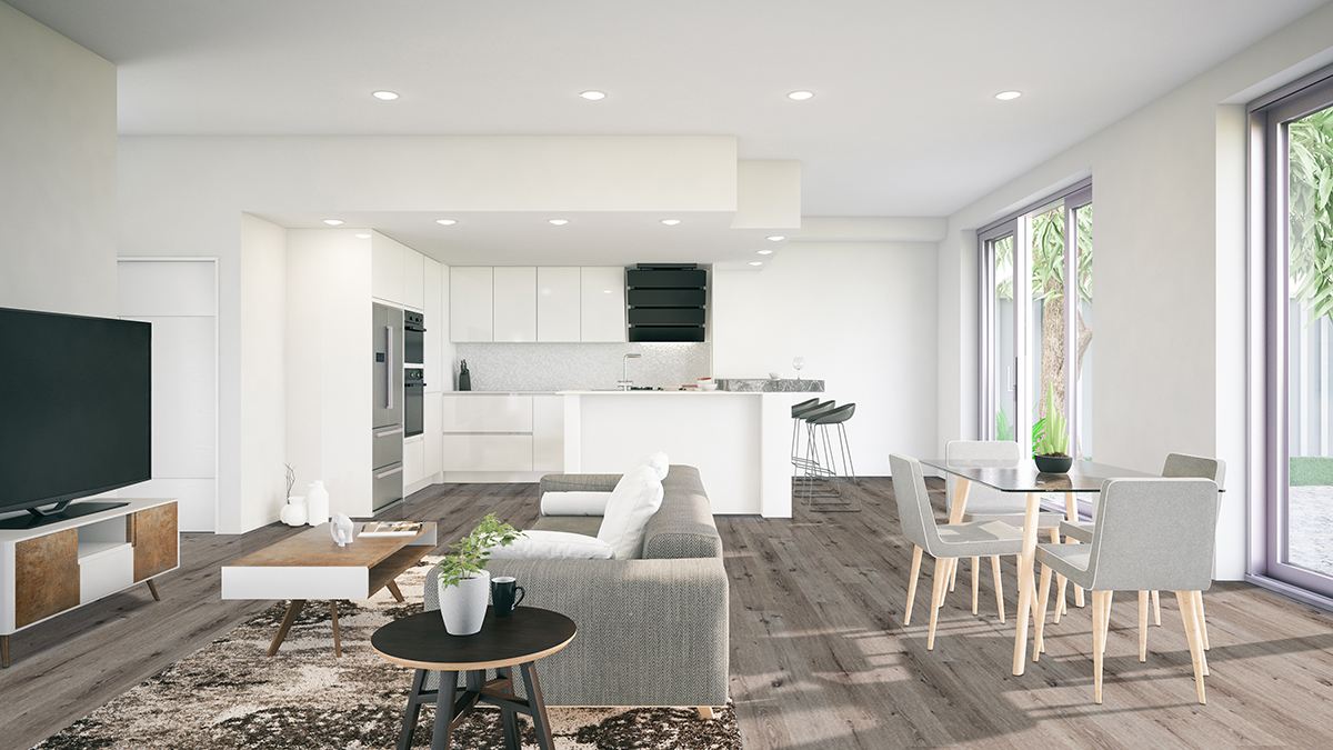 Modern open-plan living area with gray sofa, coffee table, TV, and dining table. The white kitchen features MSI Cyrus Ludlow Luxury Vinyl Planks with a realistic wood look, waterproof rigid SPC core, and easy click-lock installation. Large windows show greenery outside.