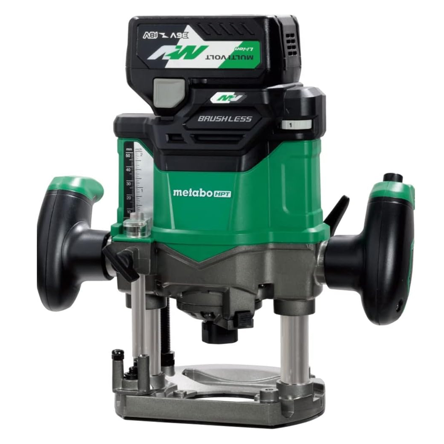 The Go Build Metabo HPT M3612DA 36V cordless variable speed plunge router features dual handles, a height adjustment gauge, and a visible top battery, making it ideal for woodworking projects.