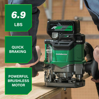 A person uses the Go Build Metabo HPT M3612DA 36V Cordless Variable Speed Plunge Router (6.9 lbs) with quick braking and a powerful brushless motor on wood in a workshop. Other tools and wood are visible in the background.