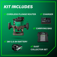 A green and black graphic shows the Metabo HPT M3612DA 36V Cordless Variable Speed Plunge Router kit by Go Build, including 1 router, 1 charger, 1 carrying bag, 1 36V 2.5AH battery, and 1 dust collector set around "KIT INCLUDES" text.