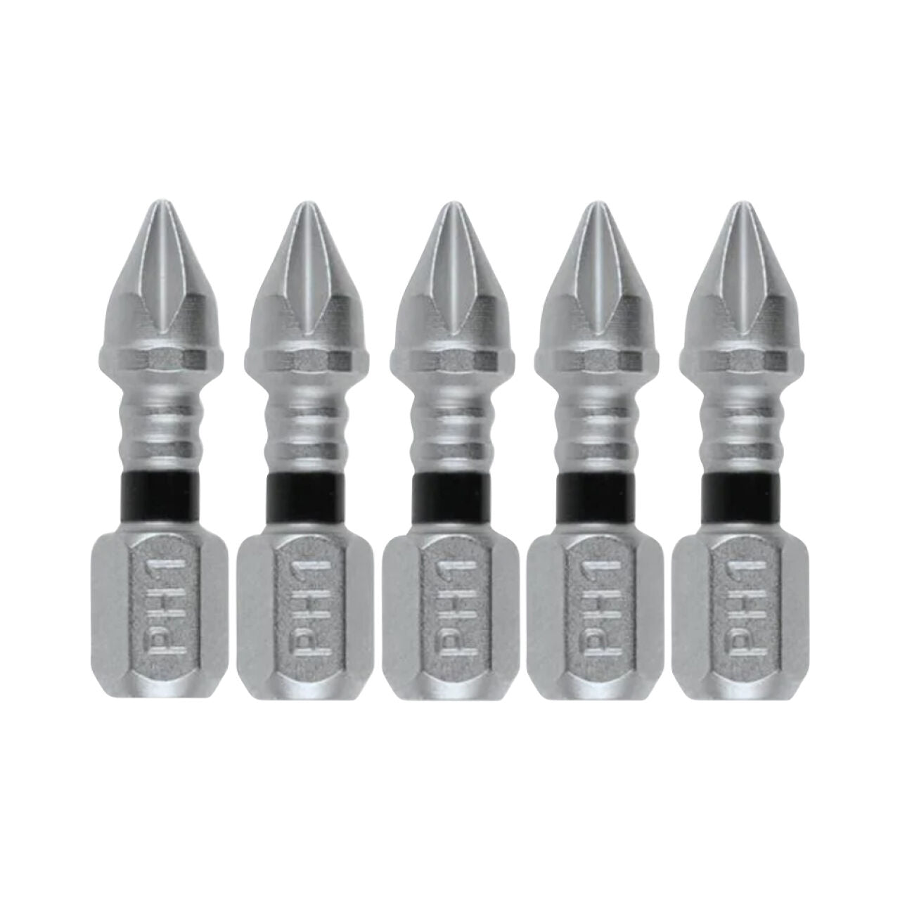 Five Go Build 1 in. IMPACT XPS #1 Phillips insert bits are lined up on a white background, each with a black ring near the base and PH1 engraved, designed for extended life by The Fastest Way To Build.