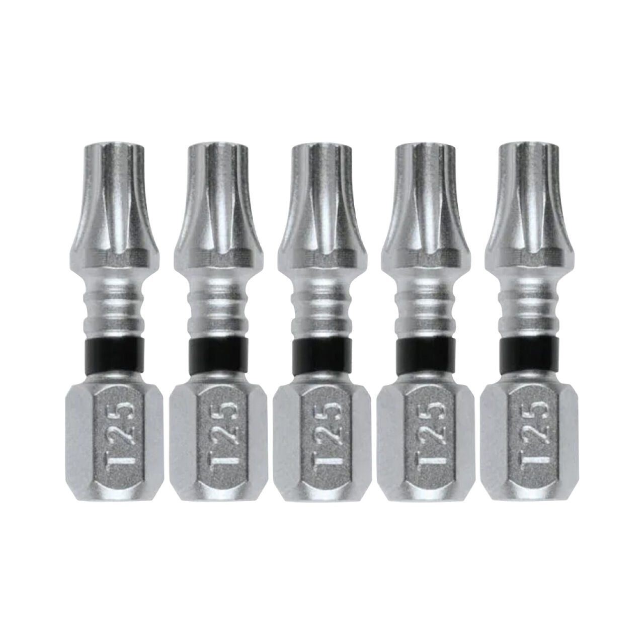 Five identical Go Build 1 in. IMPACT XPS T25 Torx Insert Bits are arranged upright in a row on a white background, each featuring precision-machined tips, hexagonal bases, and ribbed shafts with black rings near the middle.