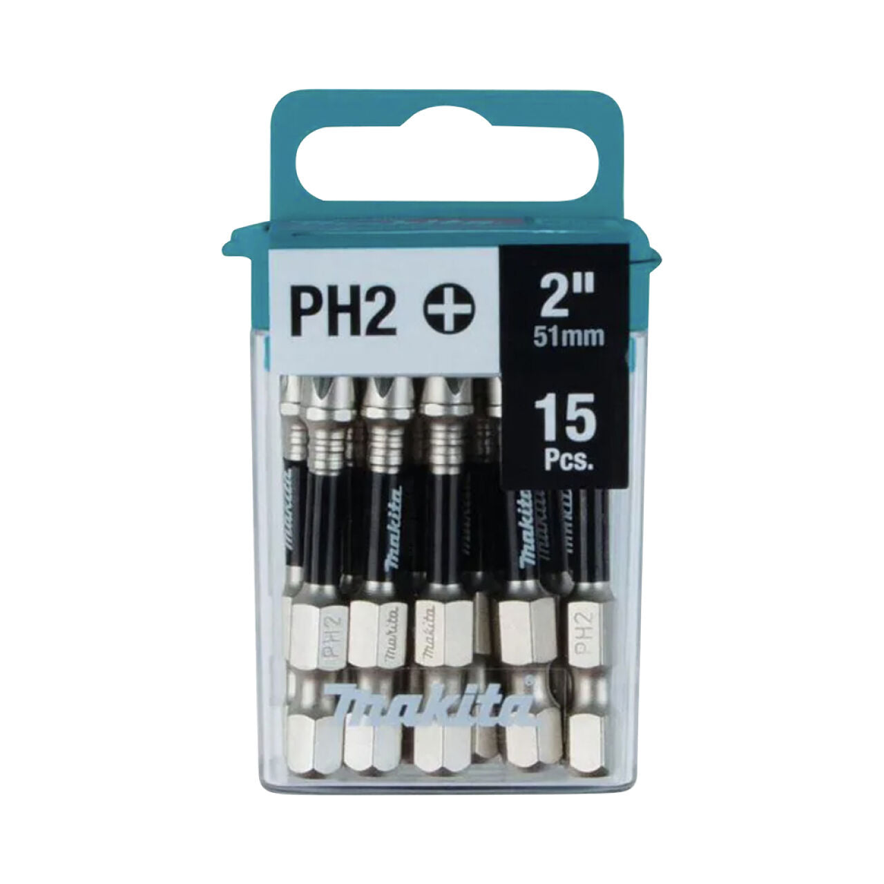 A clear plastic box of Go Build, The Fastest Way To Build 2 in. Impact XPS #2 Phillips Power Bits contains 15 pieces. Precision machined tips ensure a perfect fit. Blue lid with handle, labeled “PH2,” “2’’ 51mm,” and “15 pcs.”.
