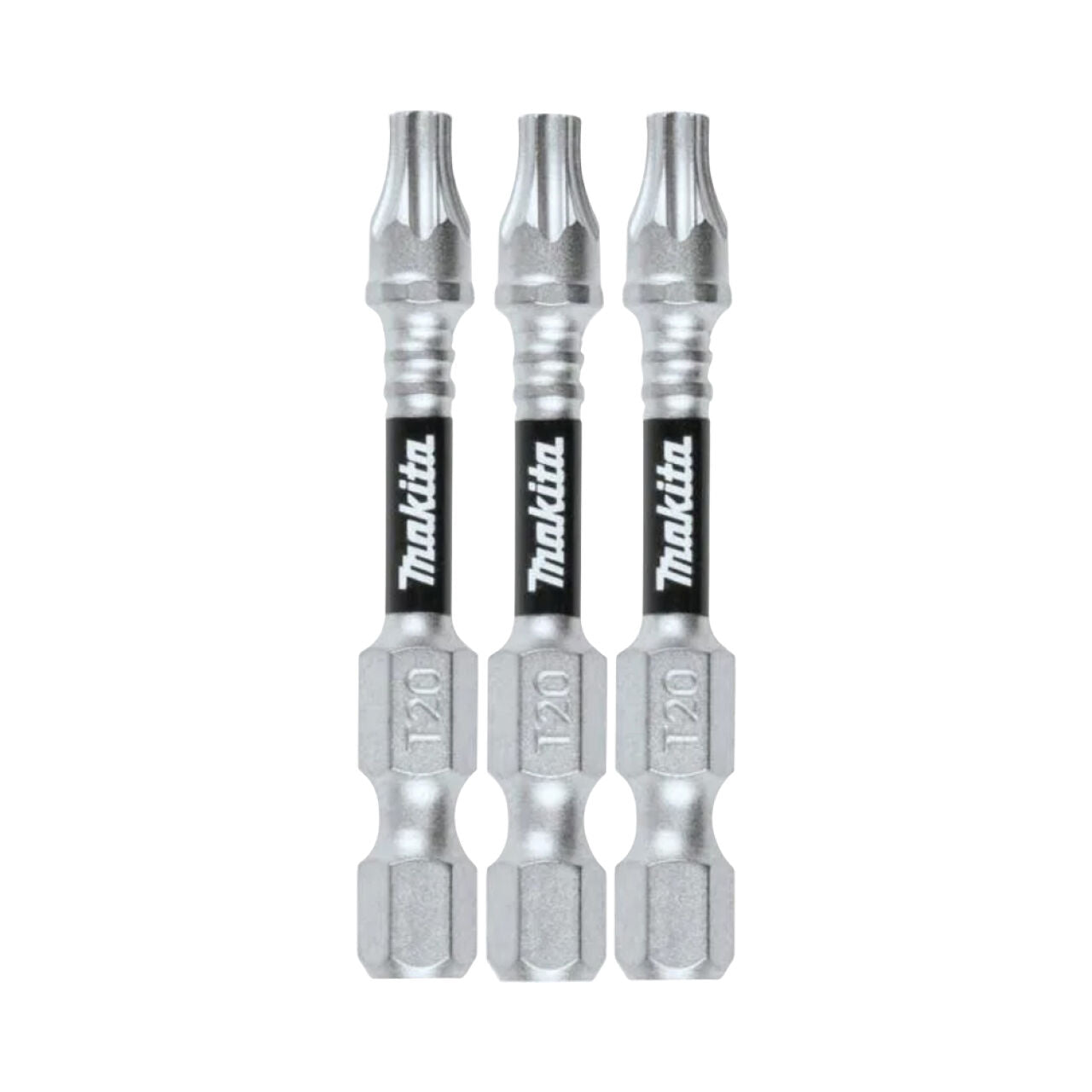 Three Go Build, The Fastest Way To Build impact driver bits stand upright in a row, with silver bodies and black bands. One is the 2 in. Impact XPS #2 Square Power Bit from the Impact XPS series.