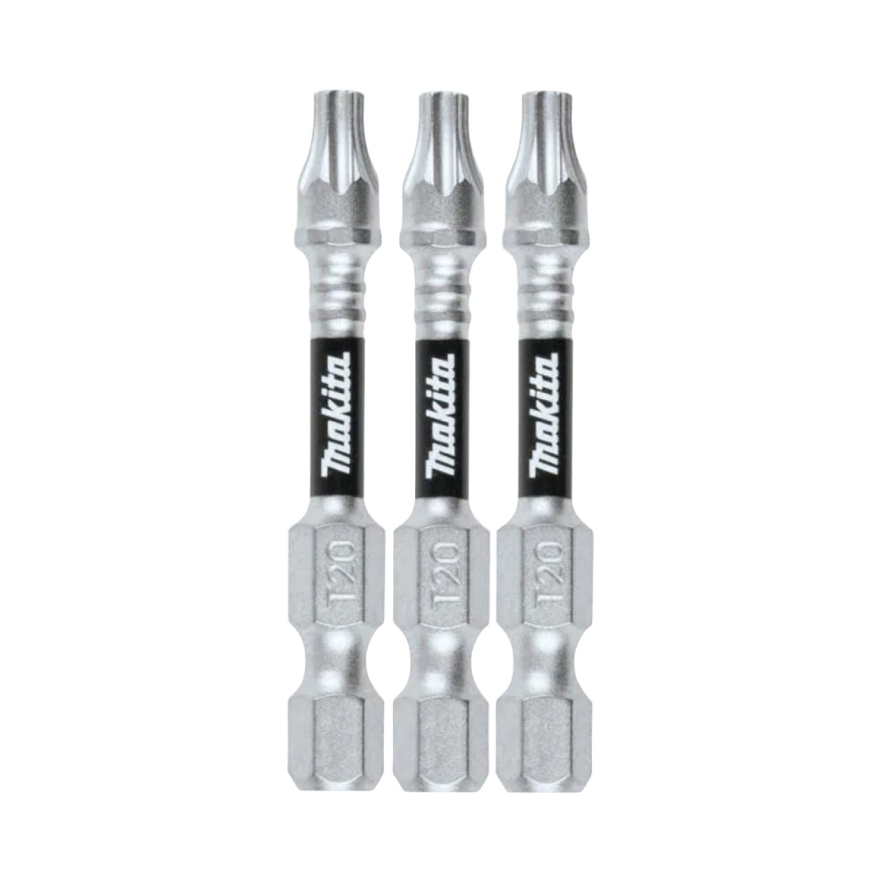 Three silver Go Build 2 in. Impact XPS T20 Torx Power Bits, each with black bands and precision machined tips, are arranged vertically side by side on a white background. Brand: The Fastest Way To Build.