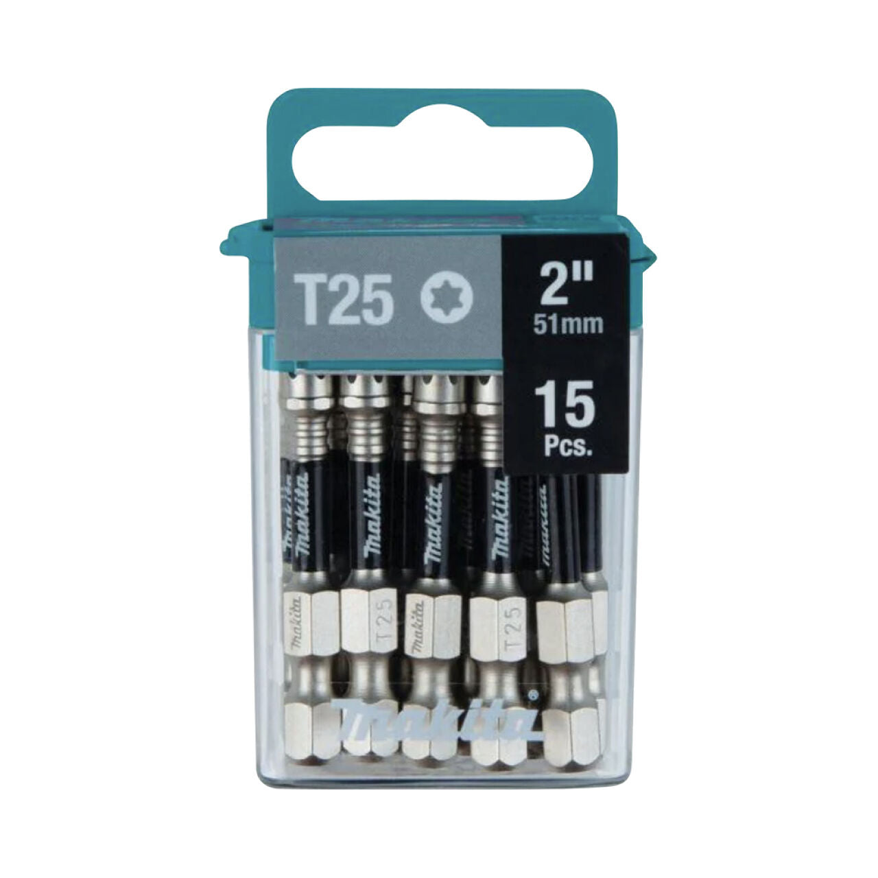 A clear plastic box with a teal handle holds 15 Go Build 2 in. IMPACT XPS T25 Torx Power Bits, neatly arranged in two rows. The label shows T25, 2, 51mm, and 15 pcs—perfect for your impact driver bit needs. Brand: The Fastest Way To Build.