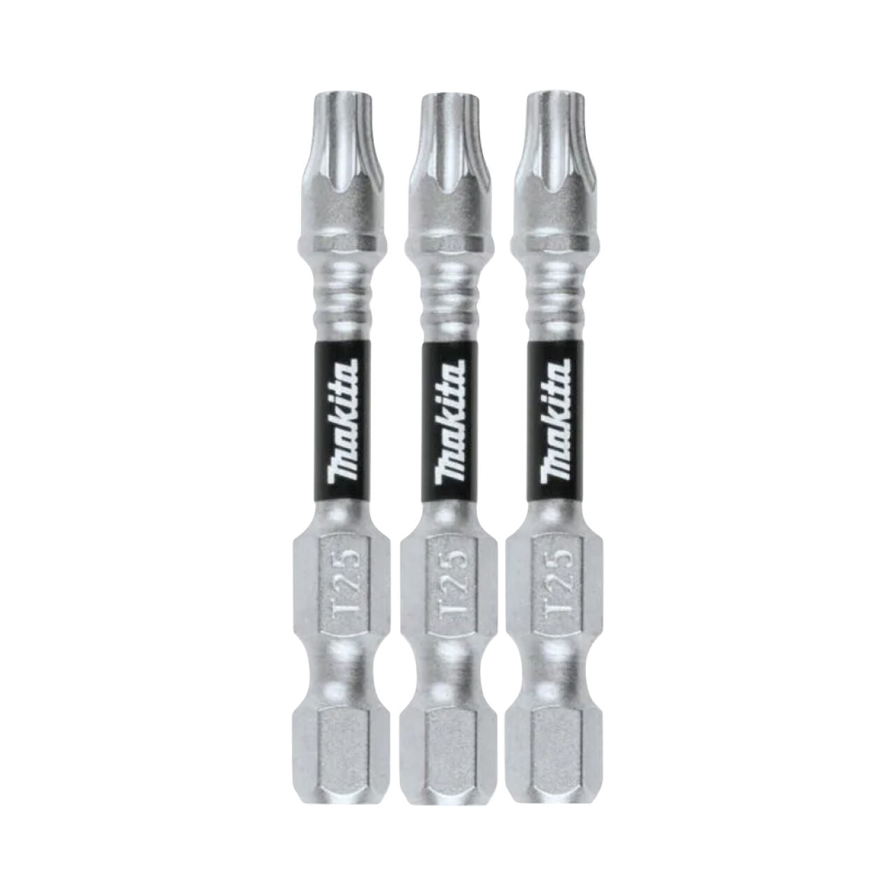 Three Go Build 2 in. IMPACT XPS T25 Torx Power Bits by The Fastest Way To Build, featuring precision machined tips, are arranged vertically side by side on a white background.