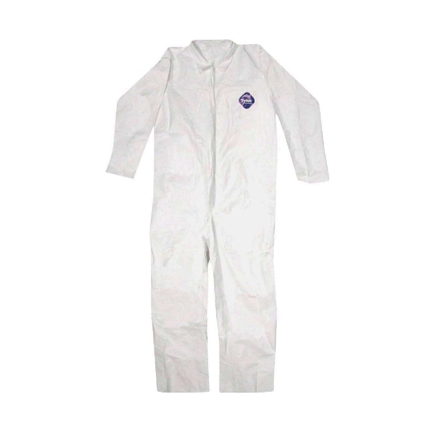 A single white TRIMACO 14121 Tyvek Coveralls No Elastic, size M, with long sleeves and legs is laid flat on a white background. Designed for full-body protection, it features the TRIMACO logo on the left chest area.