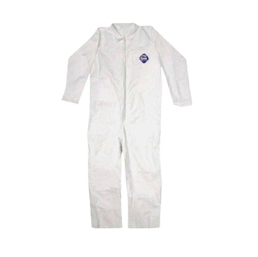 A single white TRIMACO 14121 Tyvek Coveralls No Elastic, size M, with long sleeves and legs is laid flat on a white background. Designed for full-body protection, it features the TRIMACO logo on the left chest area.