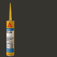 A 10.1 oz yellow tube of SIKA Sikaflex 15LM Elastomeric Sealant with a nozzle, displayed on a dark grey background. The label features Sika’s blue and white branding, highlighting construction applications through illustrations.