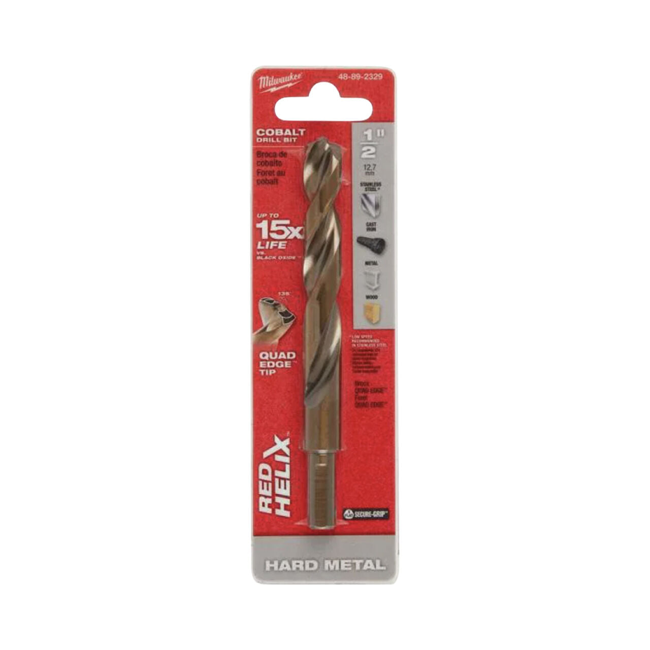 A Go Build Cobalt Red Helix 1/2 in. Twist Drill Bit, packaged and labeled for hard metals, features a quad tip for durability and promises up to 15 times longer life.