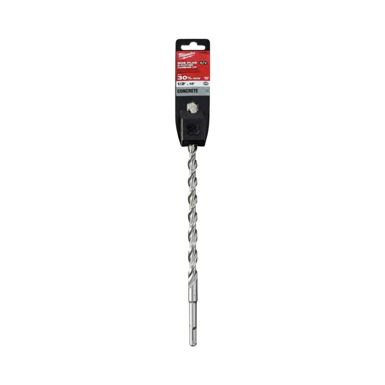 A 1/2 in. x 12 in. 2-Cutter SDS Carbide Bit by Go Build, The Fastest Way To Build, features a long, silver spiral design with an SDS-plus shank and is designed for drilling into concrete. Packaged with a black and red label at the top.