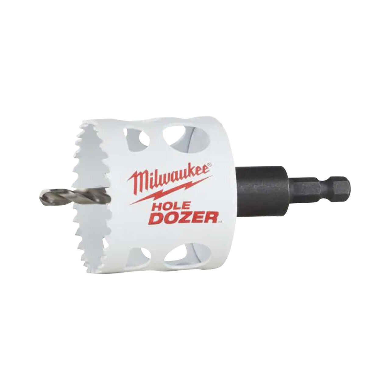 A Go Build 2-1/4 in. Hole Dozer Bi-Metal Hole Saw with a 3/8 in. arbor and pilot bit is shown with a white cylindrical body, serrated edge, ventilation holes, and black hex shank against a white background.