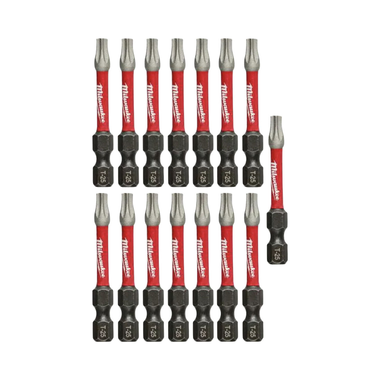 A set of 15 Go Build, The Fastest Way To Build alloy steel screw driver bits with red and black handles arranged in three rows on a white background, featuring a 2 in. SHOCKWAVE Impact Duty T25 Torx bit for tough jobs.