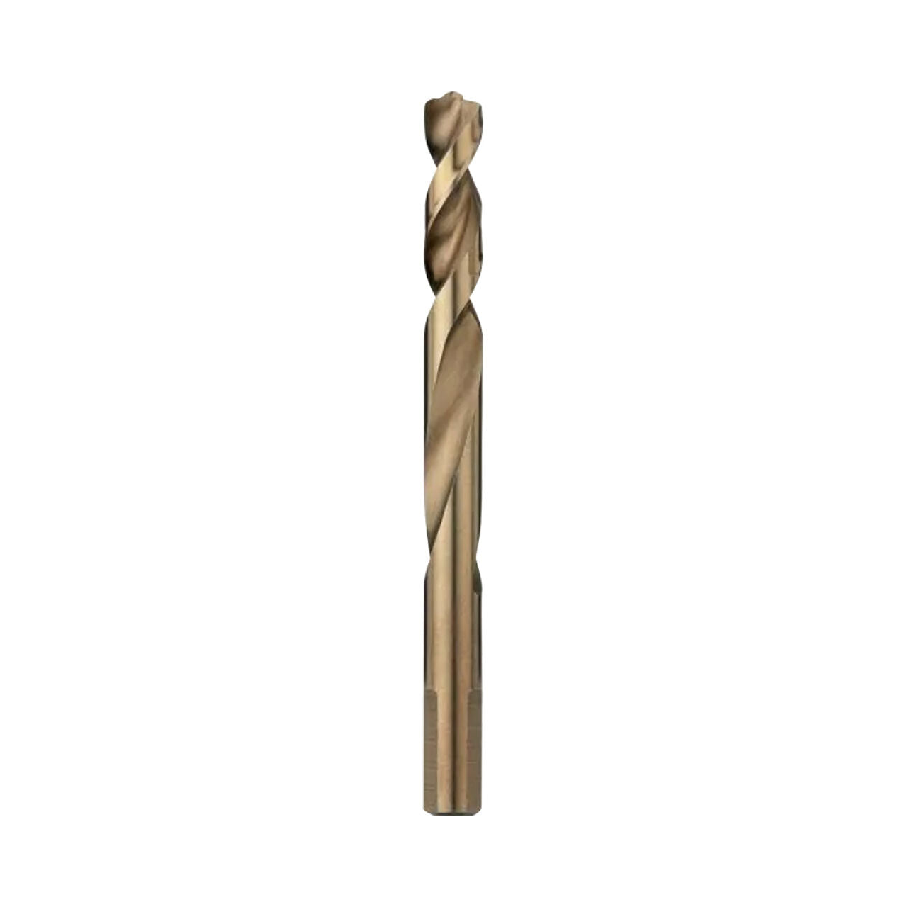 A gold-colored Go Build Cobalt Red Helix 3/8 in. Twist Drill Bit with spiral flutes, ideal for hard metals, is shown vertically against a white background.