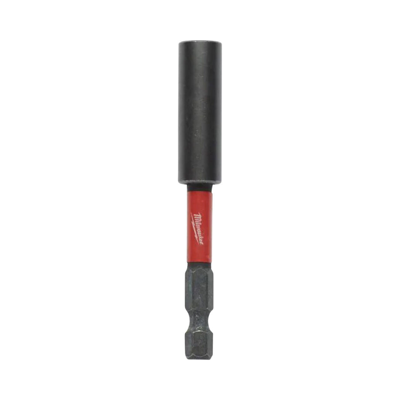 A Go Build 3 in. Shockwave Magnetic Bit Holder, designed for drill and impact drivers, features a red and black handle and durable Custom Alloy76 Steel construction. Brand slogan: The Fastest Way To Build. Isolated on a white background.