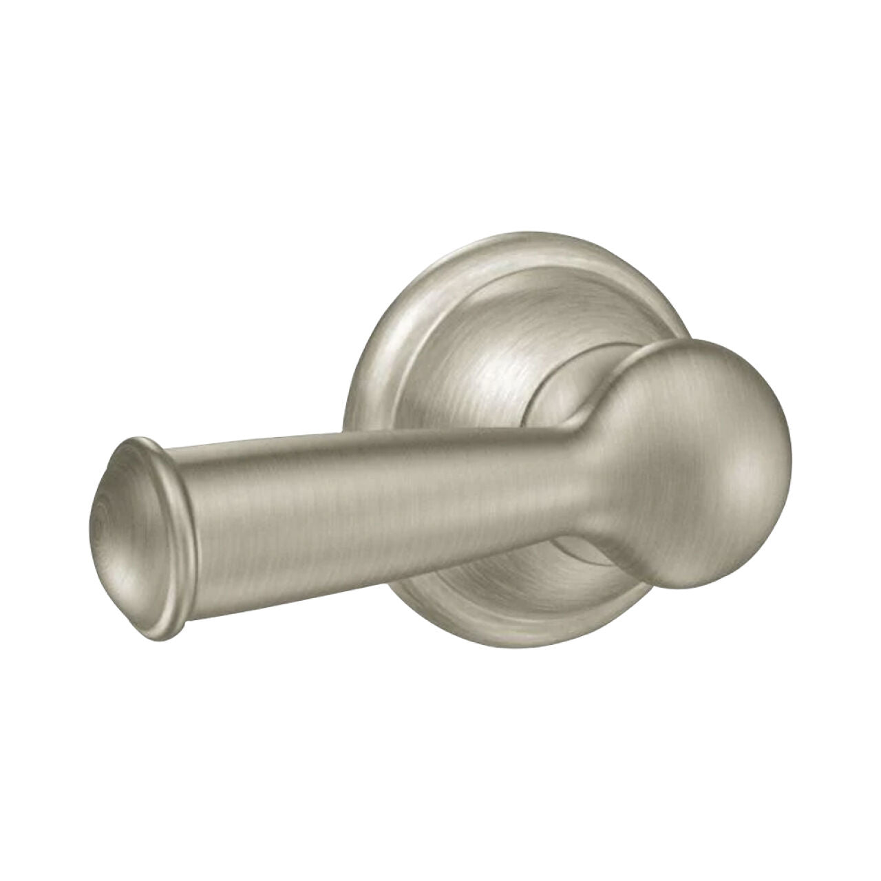 The Go Build Banbury Tank Lever in Spot Resist Brushed Nickel features a round base, cylindrical handle, and adjustable mounting arm for easy installation and reliable flushing.