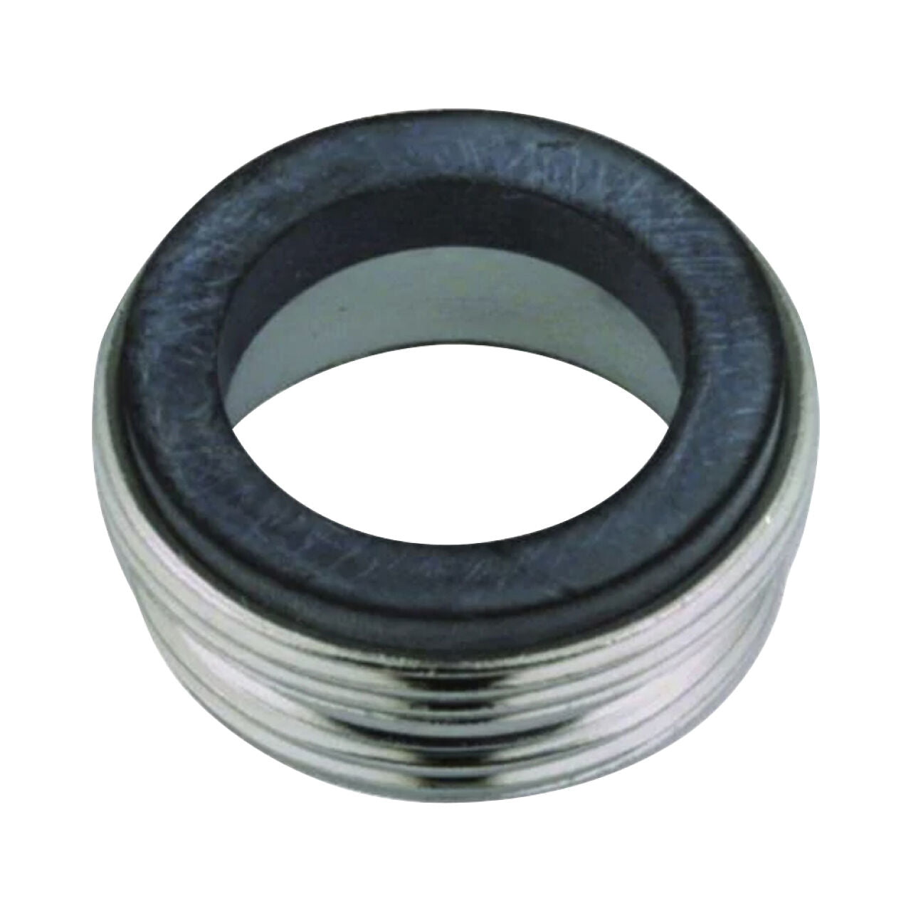 A close-up of the Go Build 15/16 in. x 55/64 in. Solid-Brass Male x Male Adapter, featuring a threaded brass outer ring and a black lead-free rubber gasket, ideal for water-saving plumbing applications.